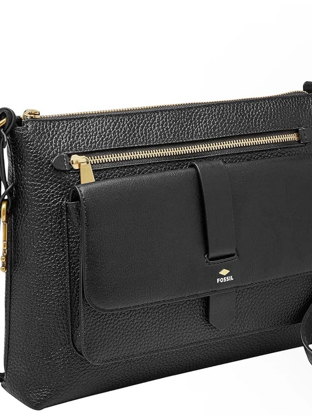 Fossil Black Leather Messenger with Gold Hardware